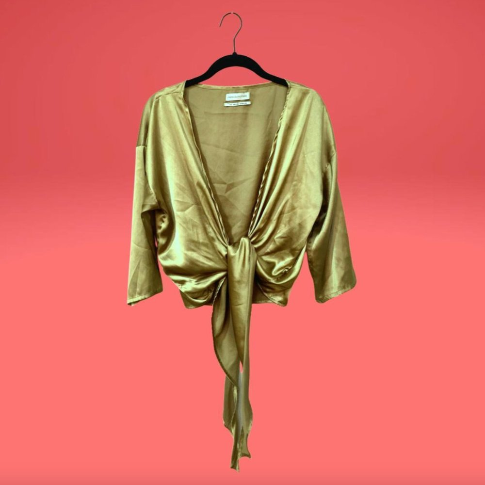 Goldish Green Front Tie Satin Top